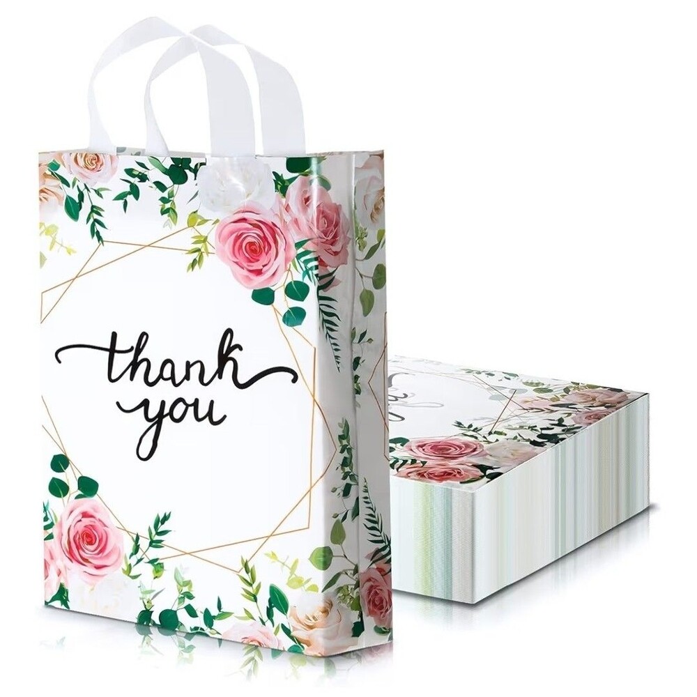 Floral Thank You Bags 12x15, 20 PCS Large Plastic Gift Bags with Handles, Boutiq